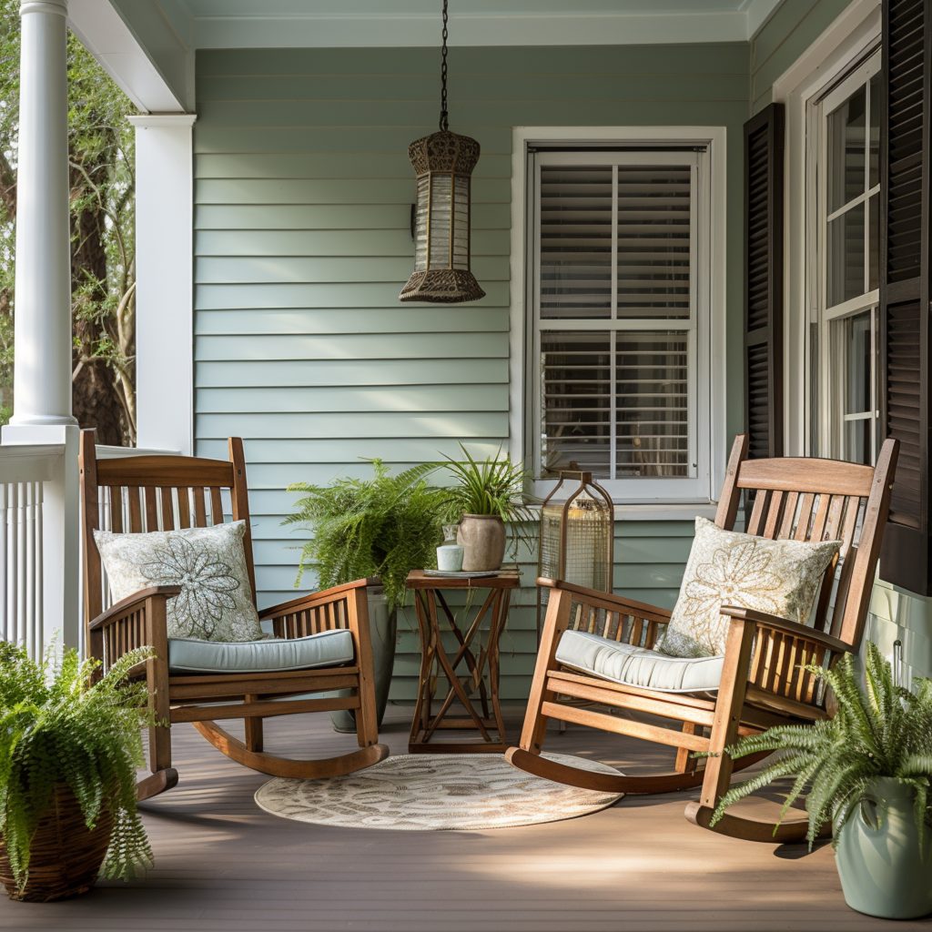 there are two rocking chairs on the porch of a house. generative ai.